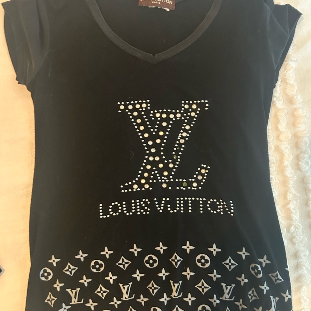 Louis Vuitton Black Tee with Embellished Logo